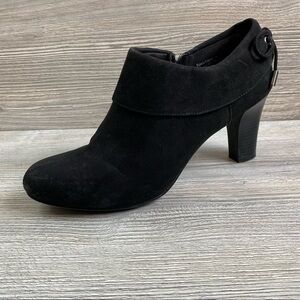 Black fabric suede booties inside zip bow on stacked heel Coach and four 8.5